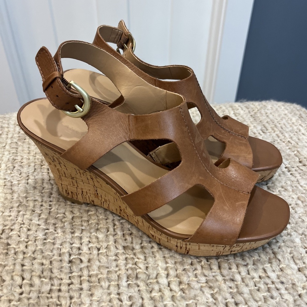 Franco‎ Sarto Wedge Sandals Women 9 M Brown Leather Cork Platform Boho Colletta